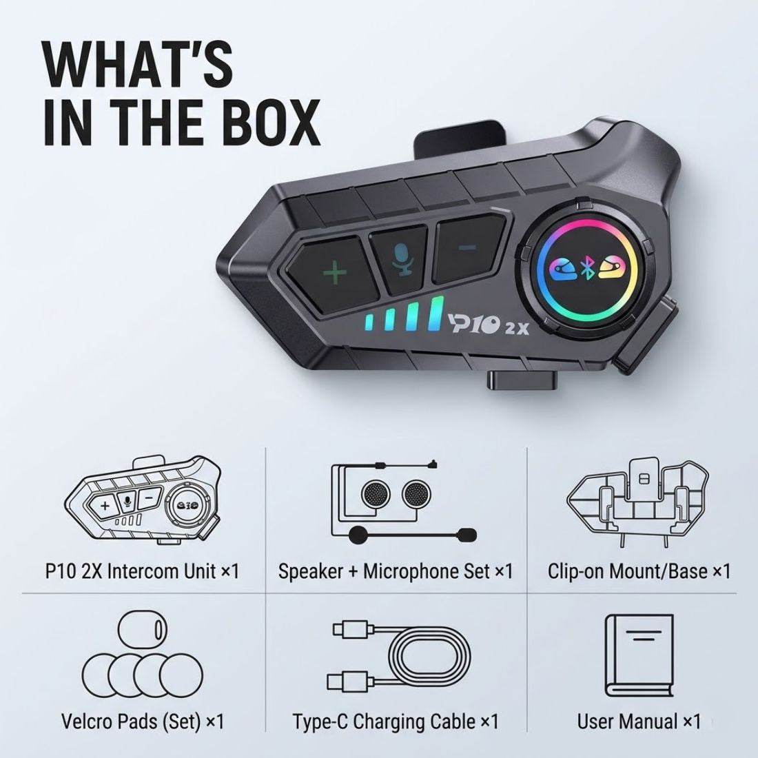 P10 2X Motorcycle Helmet Intercom (2-Rider, 300m, IPX6, BT 5.3)