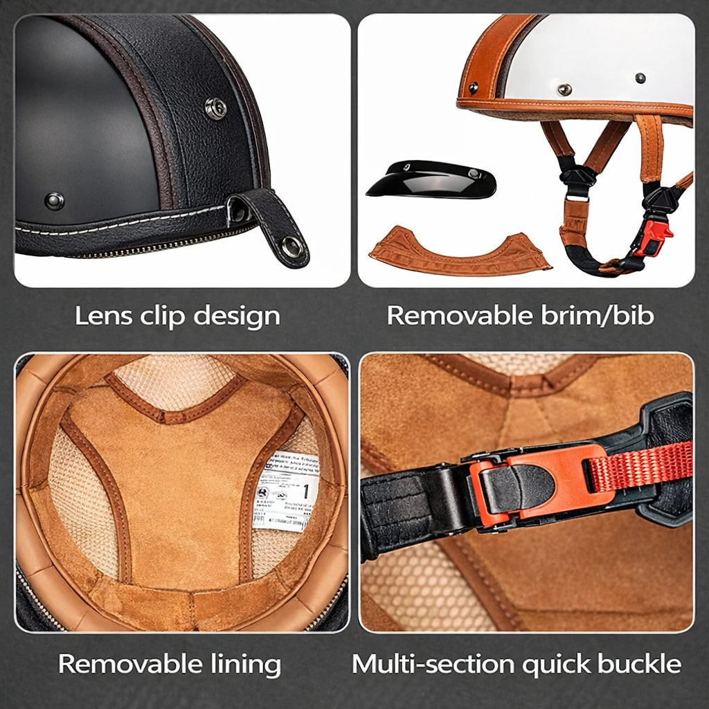 Retro Half Helmet – Classic Leather Finish with Removable Ear Covers – DOT & ECE Approved