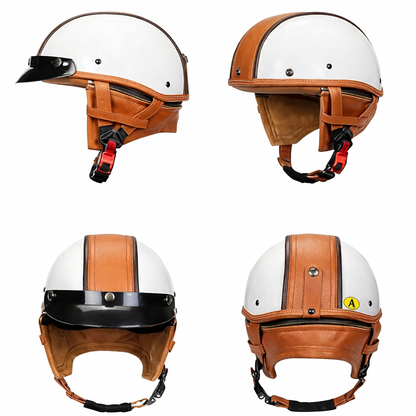 Retro Half Helmet – Classic Leather Finish with Removable Ear Covers – DOT & ECE Approved