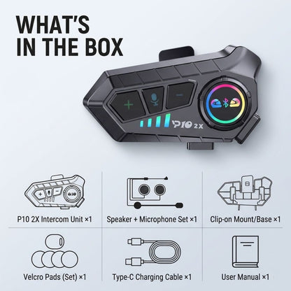 P10 2X Motorcycle Helmet Intercom (2-Rider, 300m, IPX6, BT 5.3)