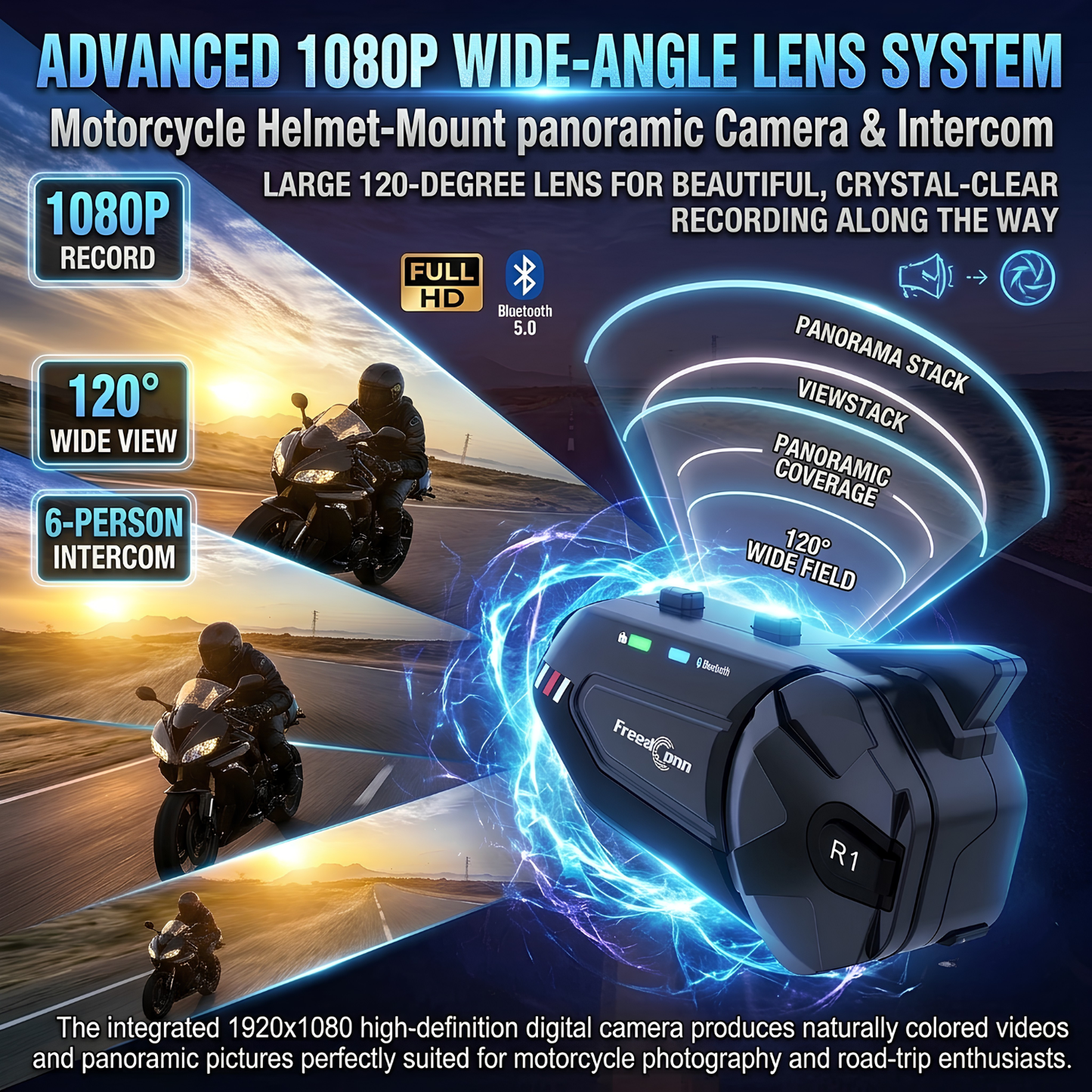 BikerZoneZ R1 Plus Motorcycle Intercom with 1080P Dash Cam — Bluetooth Helmet Headset, 4–6 Riders, Handsfree, Waterproof