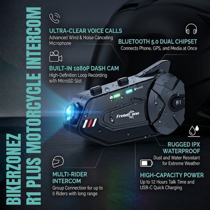 BikerZoneZ R1 Plus Motorcycle Intercom with 1080P Dash Cam — Bluetooth Helmet Headset, 4–6 Riders, Handsfree, Waterproof