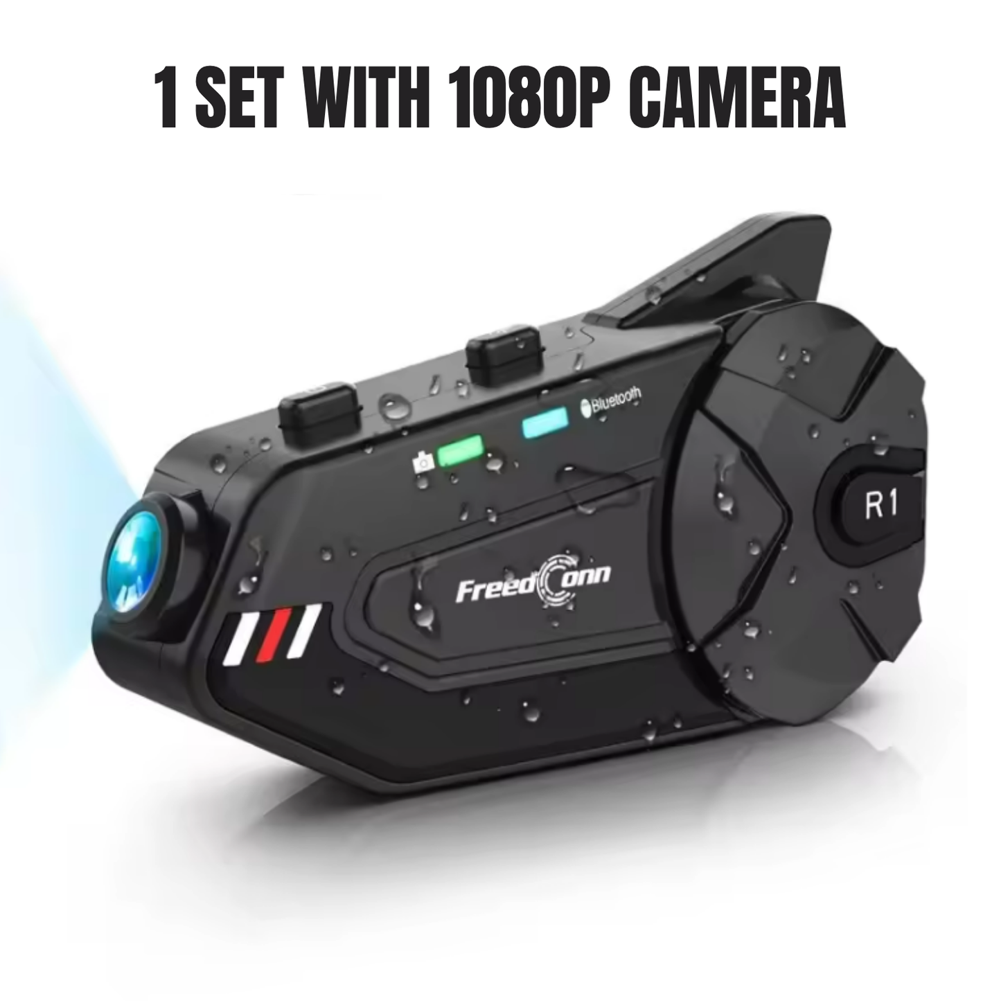 BikerZoneZ R1 Plus Motorcycle Intercom with 1080P Dash Cam — Bluetooth Helmet Headset, 4–6 Riders, Handsfree, Waterproof