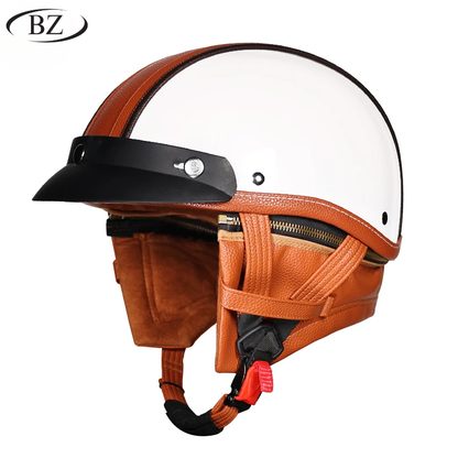 Retro Half Helmet – Classic Leather Finish with Removable Ear Covers – DOT & ECE Approved