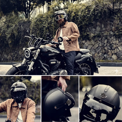 Premium Vintage Leather Open Face Helmet - DOT & ECE Approved