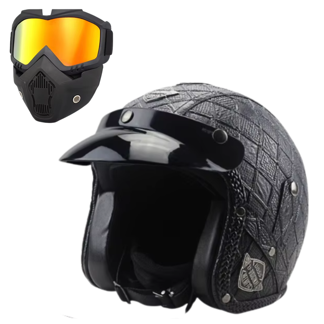 Vintage Leathe Open Face Motorcycle Helmet – 3/4 Retro Style for Men