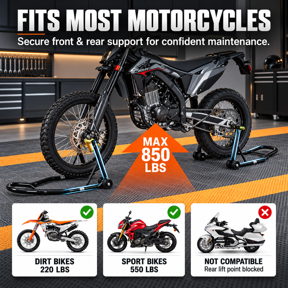 BikerZonez Heavy-Duty Front & Rear Motorcycle Stand Set