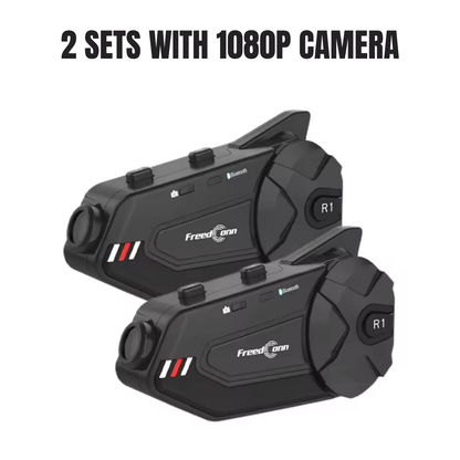 BikerZoneZ R1 Plus Motorcycle Intercom with 1080P Dash Cam — Bluetooth Helmet Headset, 4–6 Riders, Handsfree, Waterproof