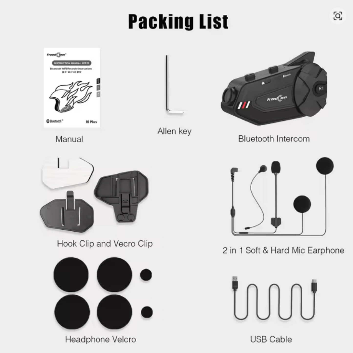 BikerZoneZ R1 Plus Motorcycle Intercom with 1080P Dash Cam — Bluetooth Helmet Headset, 4–6 Riders, Handsfree, Waterproof