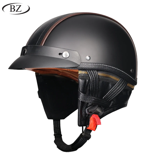Retro Half Helmet – Classic Leather Finish with Removable Ear Covers – DOT & ECE Approved