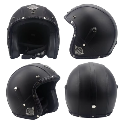 Premium Vintage Leather Open Face Helmet - DOT & ECE Approved