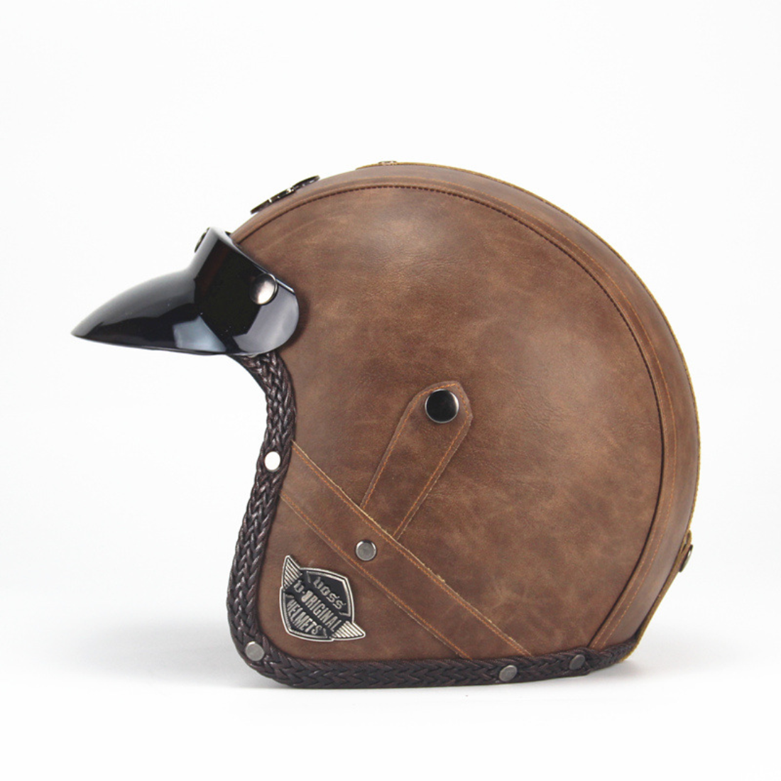 brown leather look motorcycle helmets Vintage Leathe Open Face Motorcycle Helmet – 3/4 Retro Style for Men