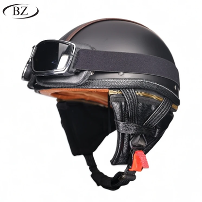 Retro Half Helmet – Classic Leather Finish with Removable Ear Covers – DOT & ECE Approved