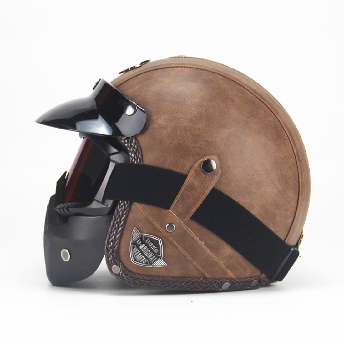 brown leather vintage motorcycle helmet dot Vintage Leathe Open Face Motorcycle Helmet – 3/4 Retro Style for Men