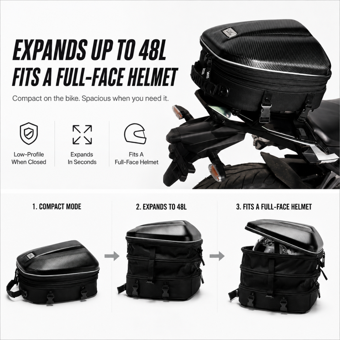 BikerZonez Carbon Fiber 3-in-1 Motorcycle Tail Bag