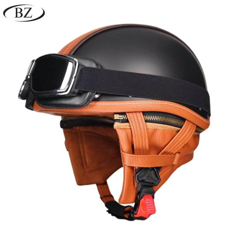 Retro Half Helmet – Classic Leather Finish with Removable Ear Covers – DOT & ECE Approved