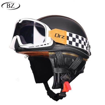Retro Half Helmet – Classic Leather Finish with Removable Ear Covers – DOT & ECE Approved