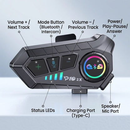 P10 2X Motorcycle Helmet Intercom (2-Rider, 300m, IPX6, BT 5.3)