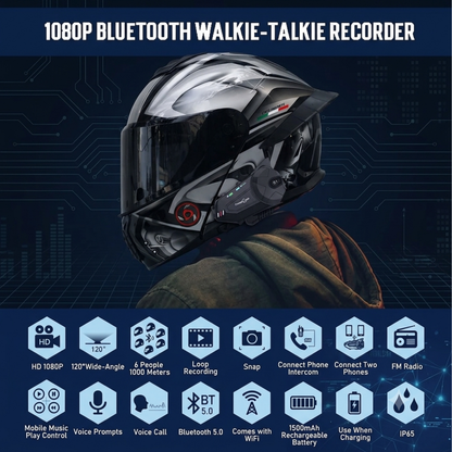BikerZoneZ R1 Plus Motorcycle Intercom with 1080P Dash Cam — Bluetooth Helmet Headset, 4–6 Riders, Handsfree, Waterproof
