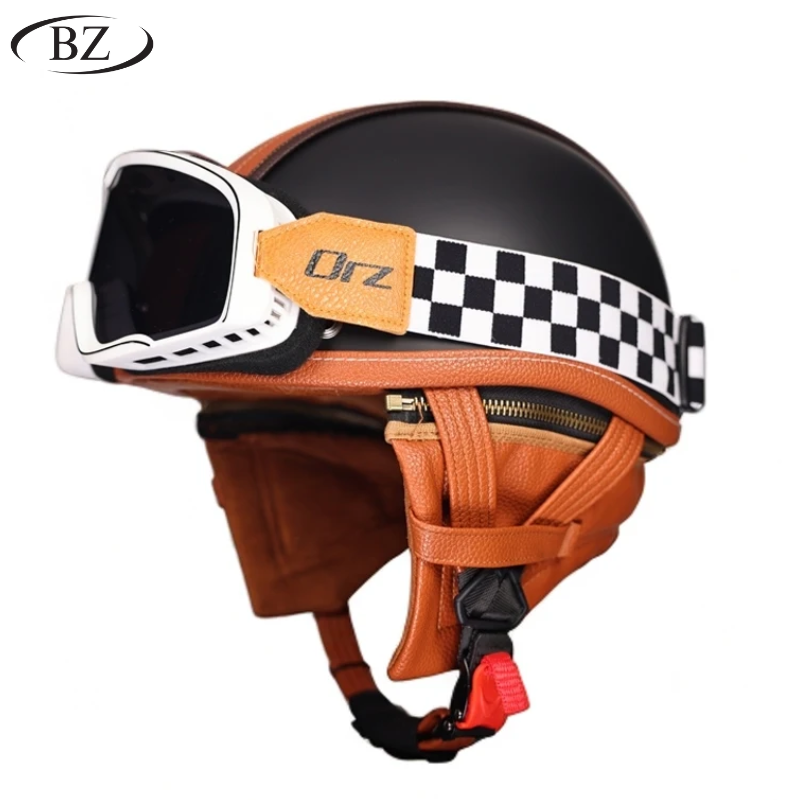Retro Half Helmet – Classic Leather Finish with Removable Ear Covers – DOT & ECE Approved