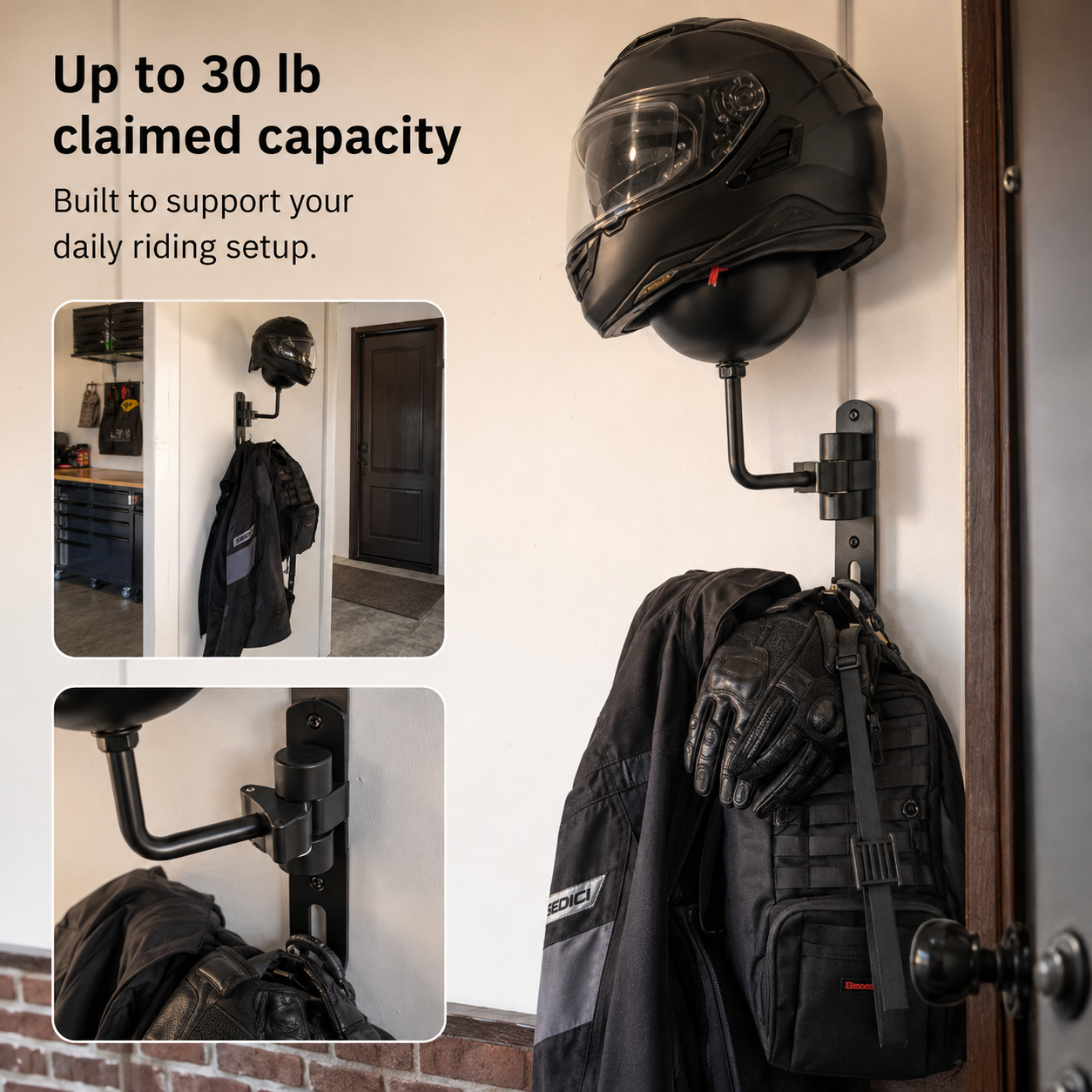 BikerZonez 180° Swivel Wall-Mounted Helmet Holder