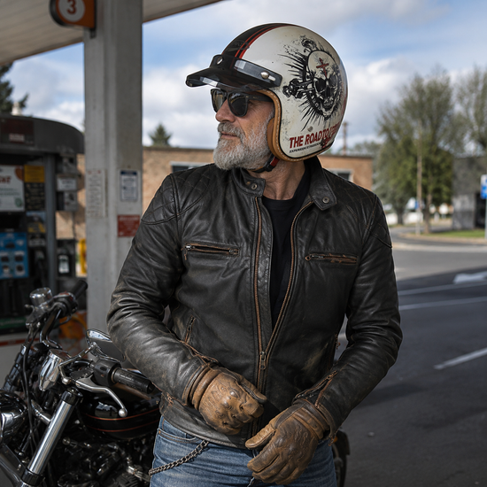 Grey-bearded rider in sunglasses, a worn leather jacket and gloves at a gas station, wearing a white Roadster graphic open-face helmet with a short peak