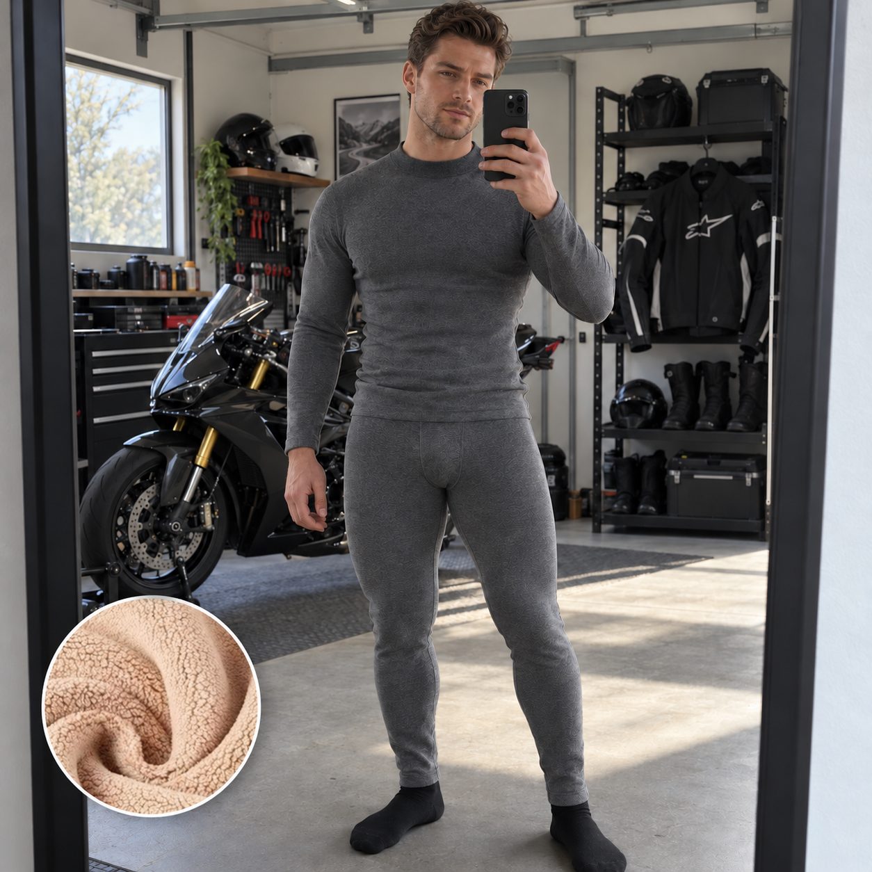 BikerZoneZ RoadHeat™ Fleece-Lined Rider Base Layer Set