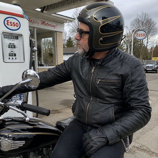 Rider in sunglasses and a leather jacket on a vintage motorcycle at an old-school gas station, wearing a black and gold flame open-face helmet