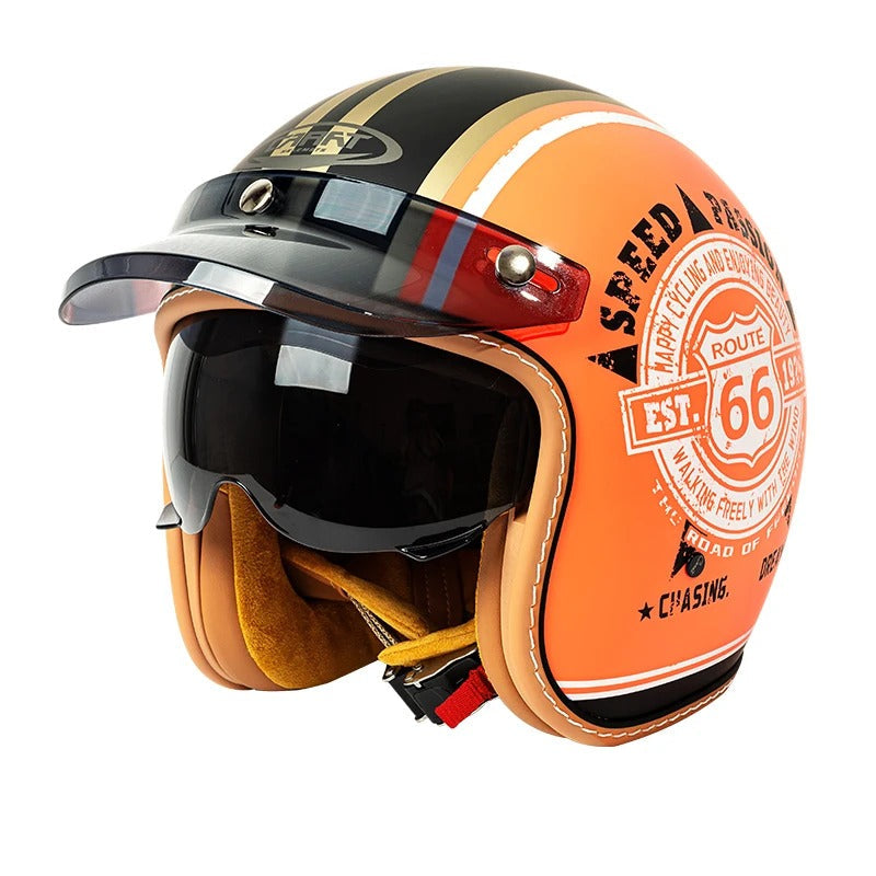 Vintage Open Face Motorcycle Helmet 3/4 Retro Style for Men | DOT & ECE Approved | Lightweight w/ Visor Route 66 Orange BikerZoneZ Vintage Open Face Motorcycle Helmet 3/4 Retro Style for Men | DOT & ECE Approved | Lightweight w/ Visor Route 66 Orange BikerZoneZ
