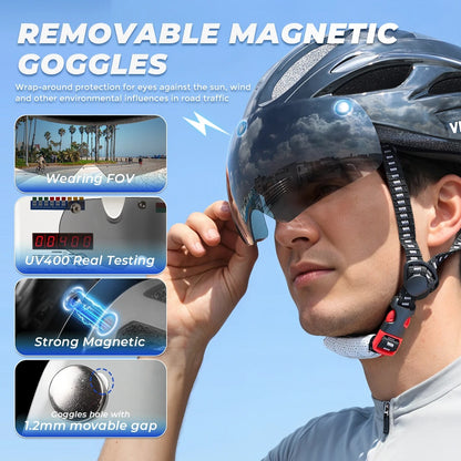 Bike Helmet with LED Taillight and Magnetic Goggles UV400 – Cycling MTB Electric Scooter Helmet for Men & Women